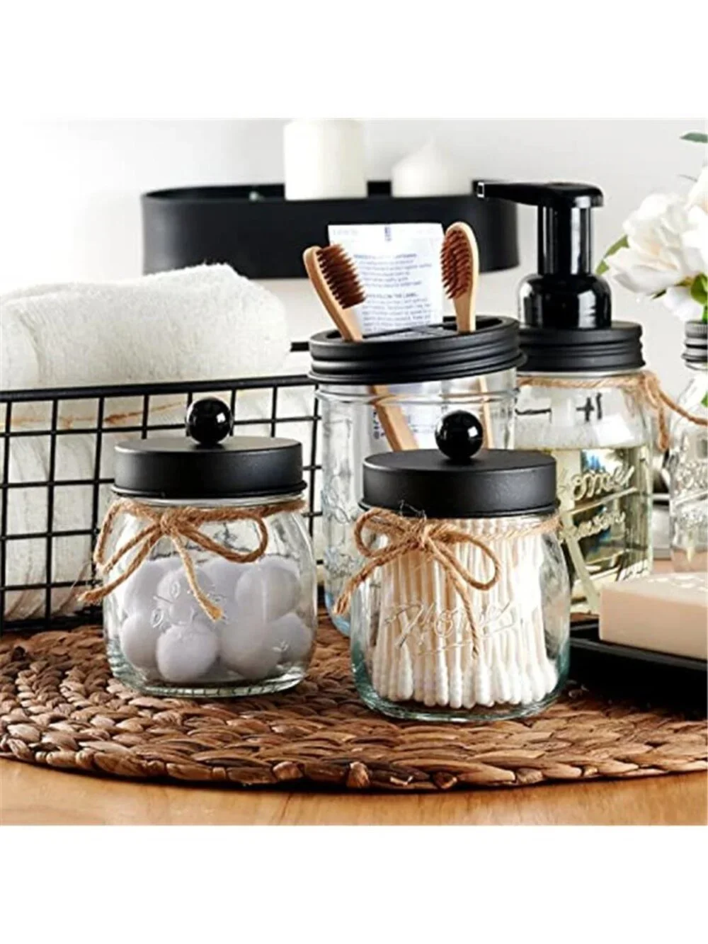 Qtip Holder Glass Bathroom Organizer Cotton Ball Swab Storage Jar Set